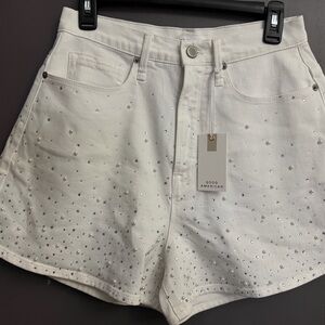 Good American White Crystal-Studded High-Rise Denim Shorts